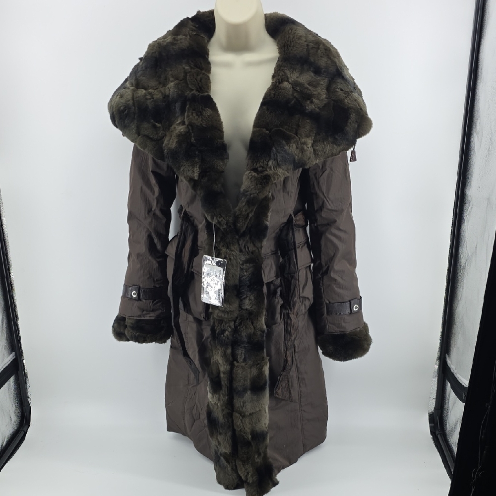 Luxurious Dark Brown Teddy Jacket with Rabbit Fur Trim